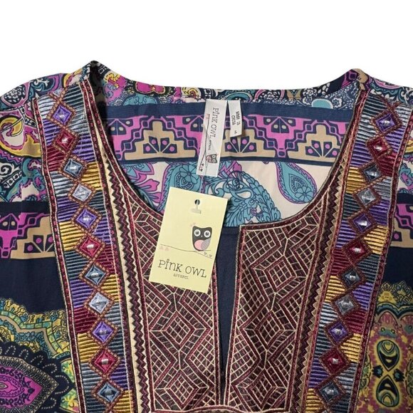 NWT Boho Printed Mini Dress Sz.L Shift Multi Embroidered 70s  Festival - Picture 4 of 11